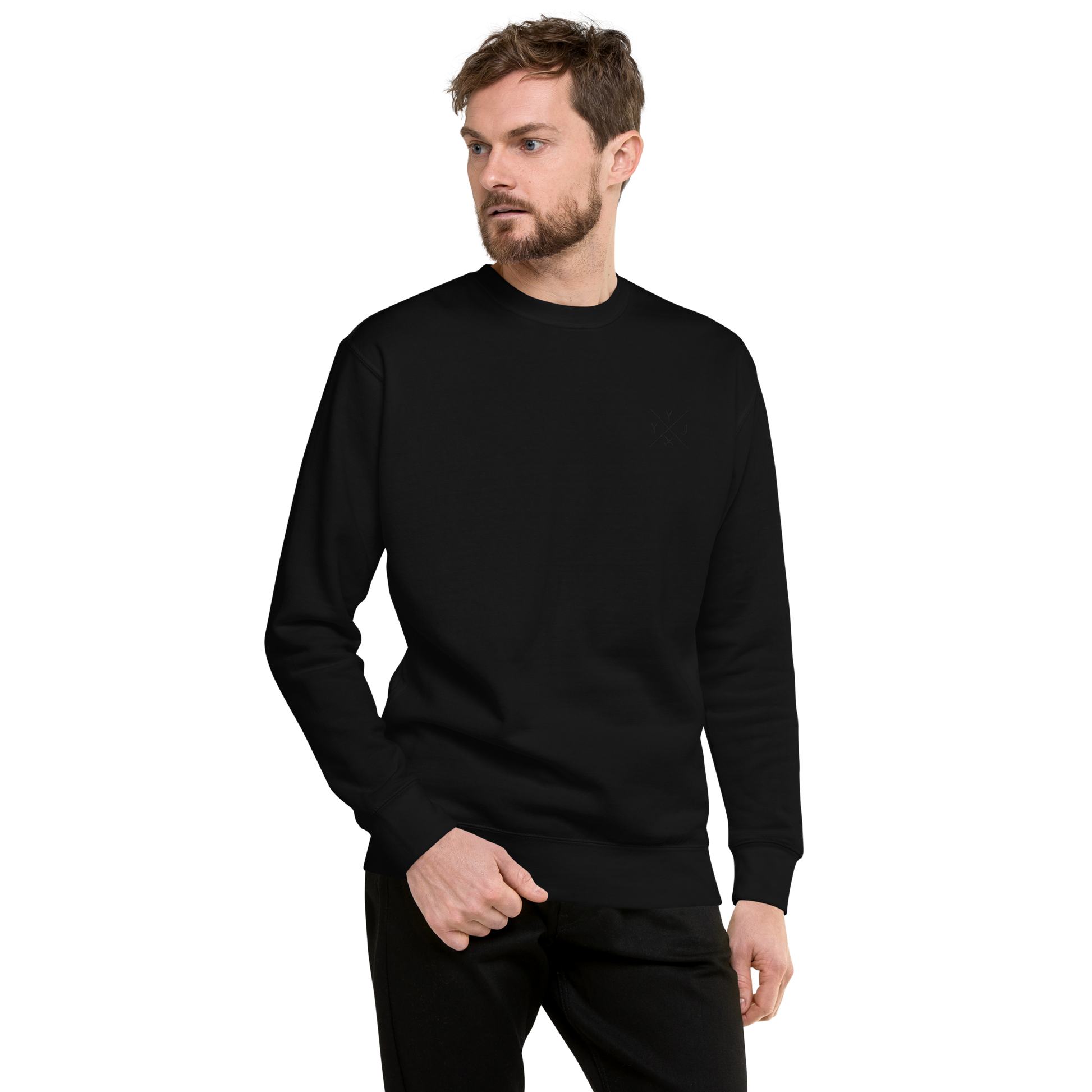YHM Designs - YYJ Victoria Premium Sweatshirt - Crossed-X Design with Airport Code and Vintage Propliner - Black Embroidery - Image 06