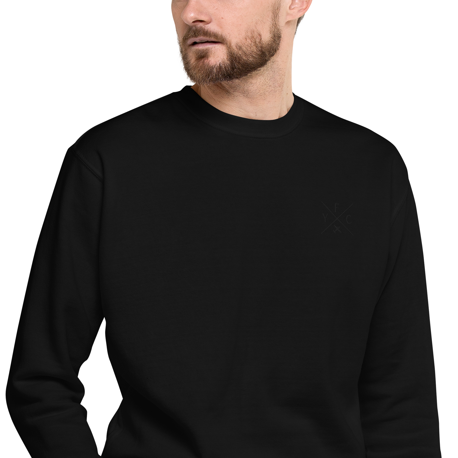YHM Designs - YFC Fredericton Premium Sweatshirt - Crossed-X Design with Airport Code and Vintage Propliner - Black Embroidery - Image 05