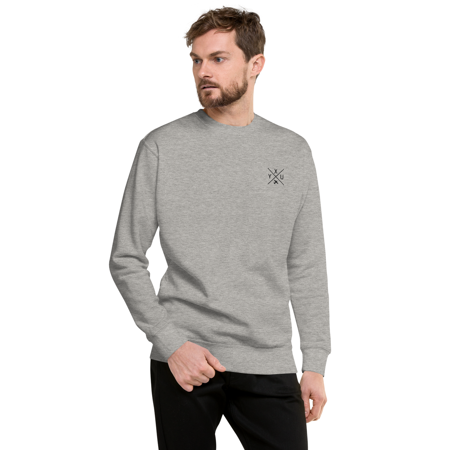 YHM Designs - YXU London Premium Sweatshirt - Crossed-X Design with Airport Code and Vintage Propliner - Black Embroidery - Image 01