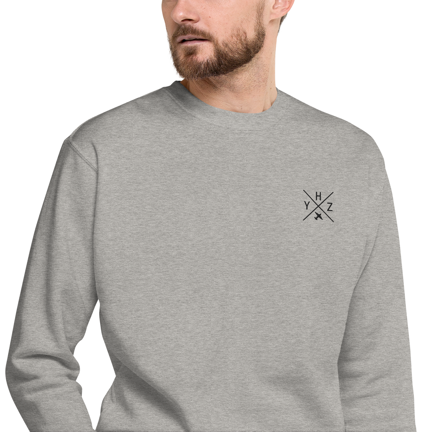 YHM Designs - YHZ Halifax Premium Sweatshirt - Crossed-X Design with Airport Code and Vintage Propliner - Black Embroidery - Image 09