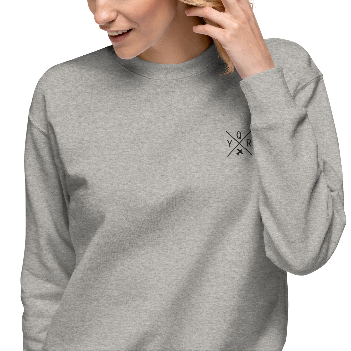 YHM Designs - YQR Regina Premium Sweatshirt - Crossed-X Design with Airport Code and Vintage Propliner - Black Embroidery - Image 03