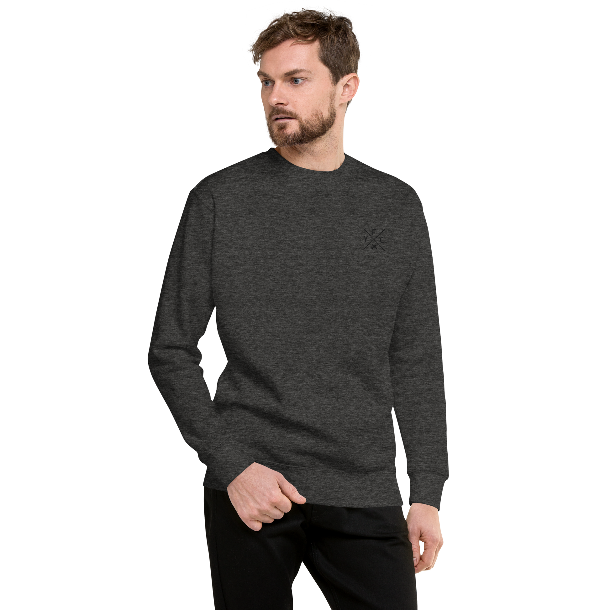 YHM Designs - YFC Fredericton Premium Sweatshirt - Crossed-X Design with Airport Code and Vintage Propliner - Black Embroidery - Image 08