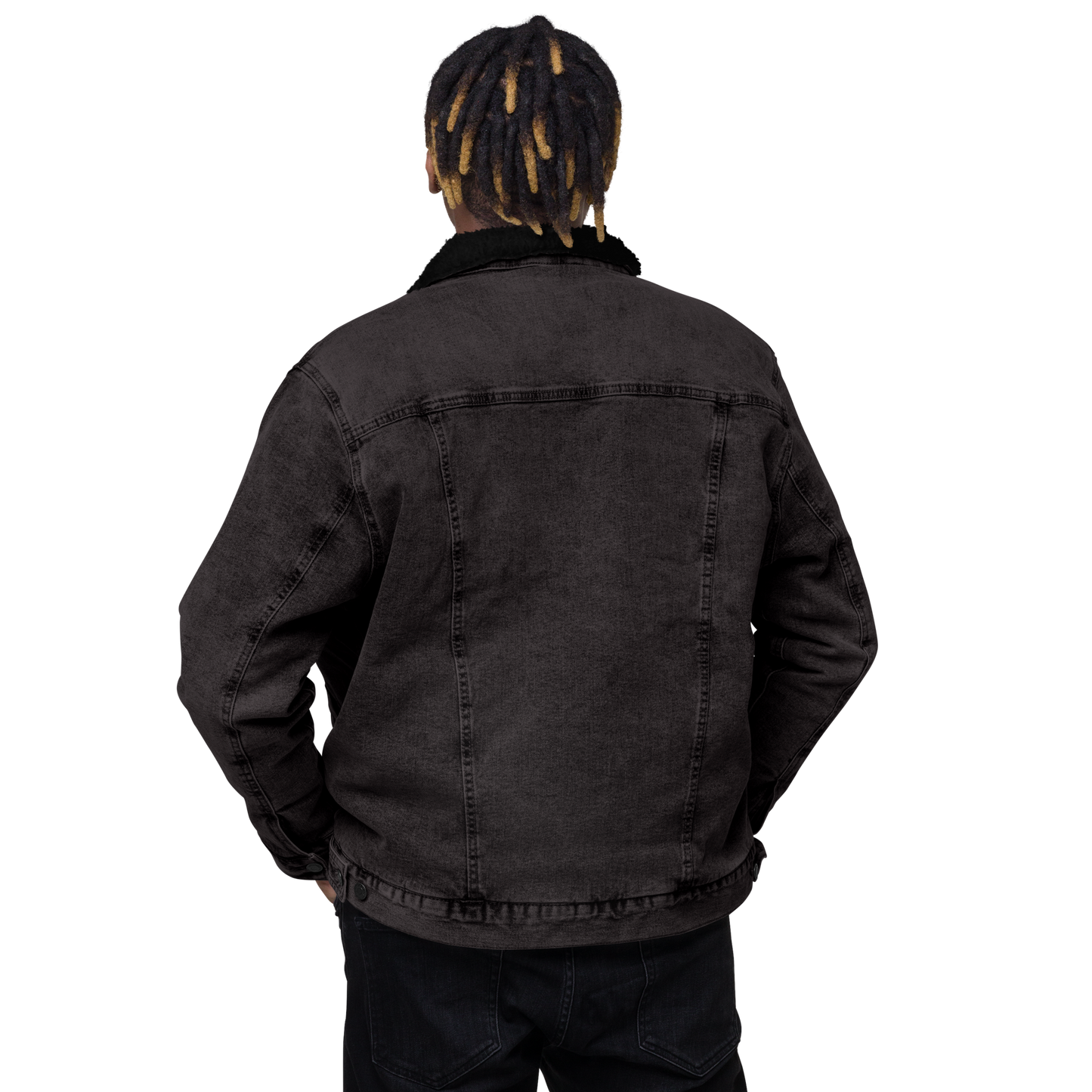 YHM Designs - YEG Edmonton Denim Sherpa Jacket - Crossed-X Design with Airport Code and Vintage Propliner - Black & White Embroidery - Image 09