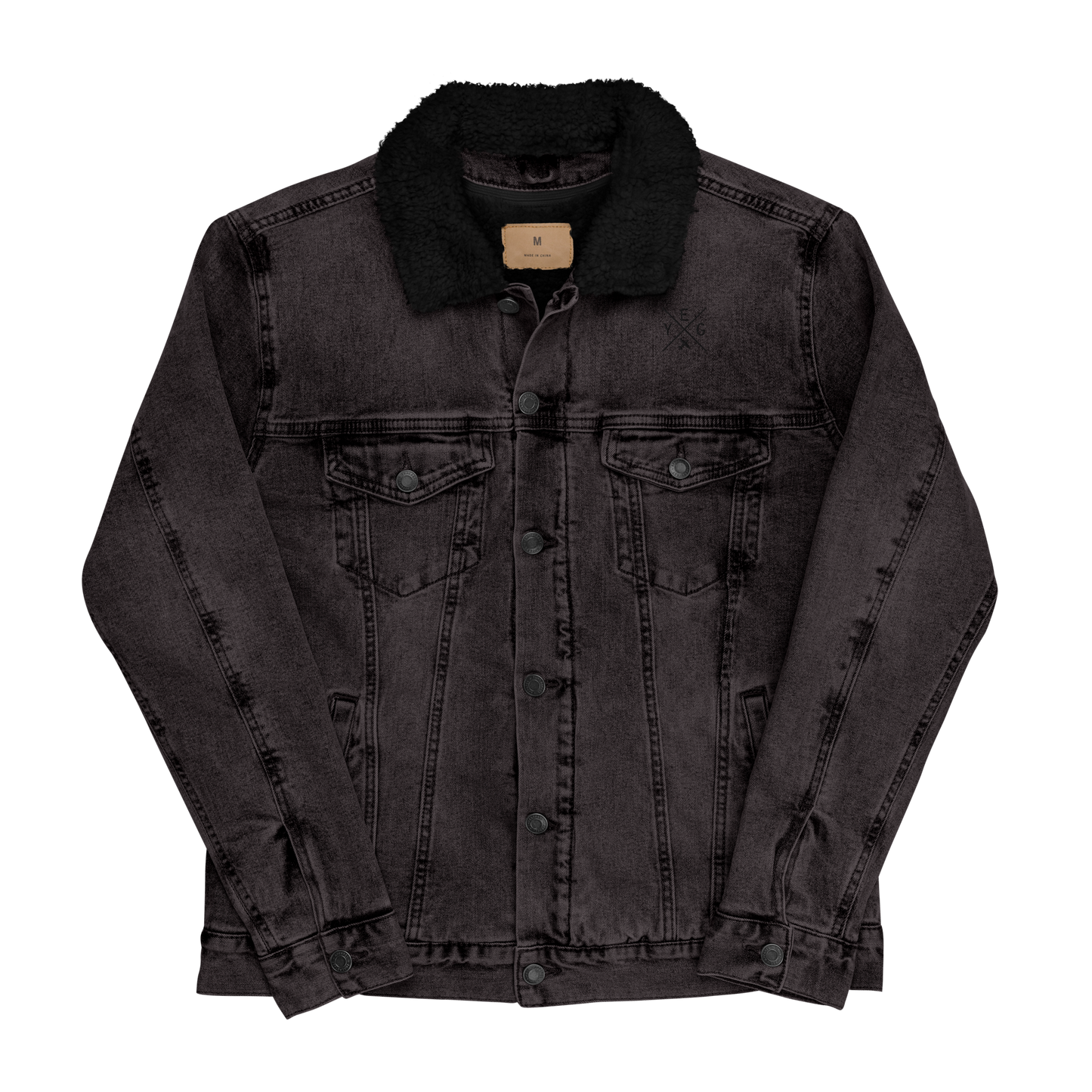 YHM Designs - YEG Edmonton Denim Sherpa Jacket - Crossed-X Design with Airport Code and Vintage Propliner - Black & White Embroidery - Image 02