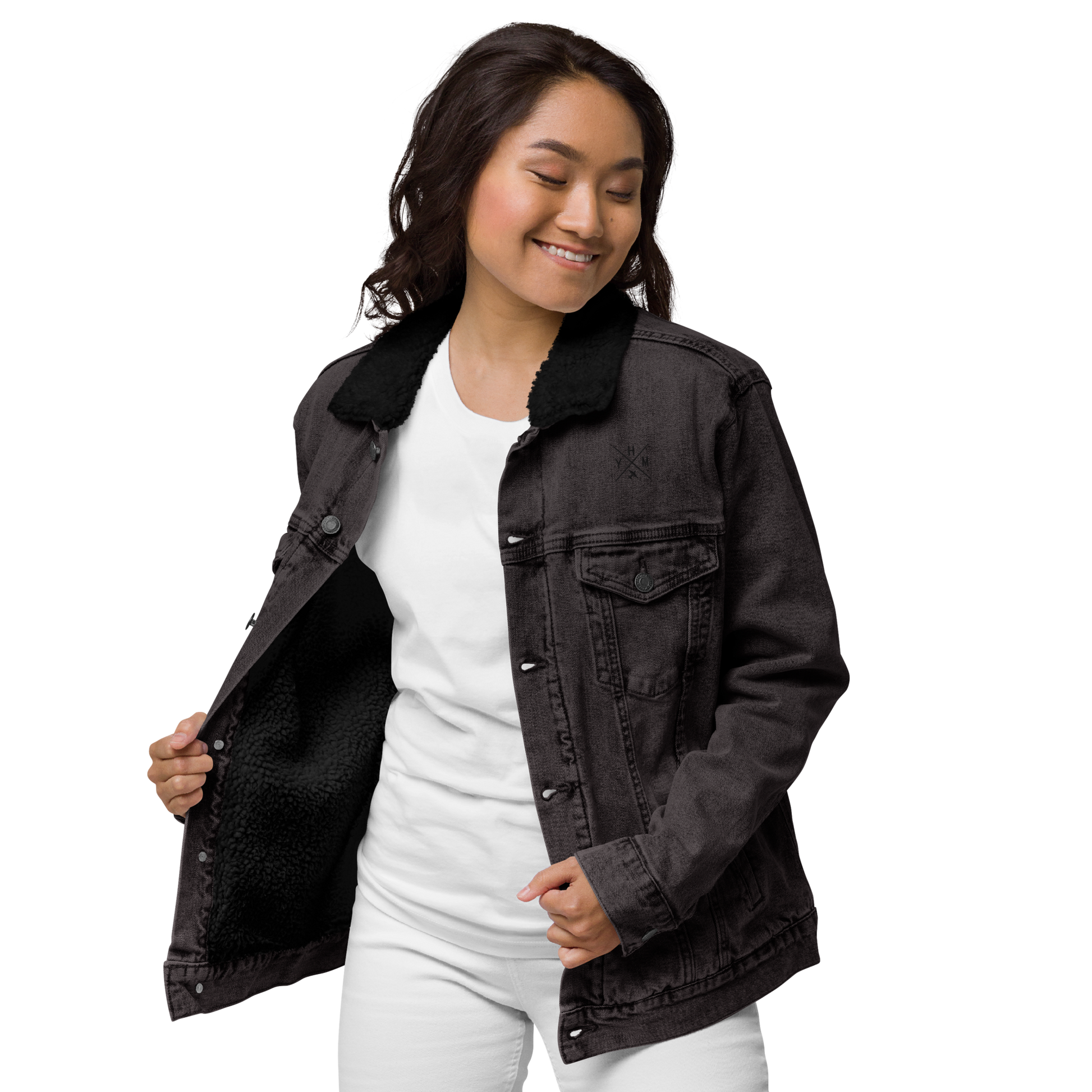 YHM Designs - YHM Hamilton Denim Sherpa Jacket - Crossed-X Design with Airport Code and Vintage Propliner - Black & White Embroidery - Image 05