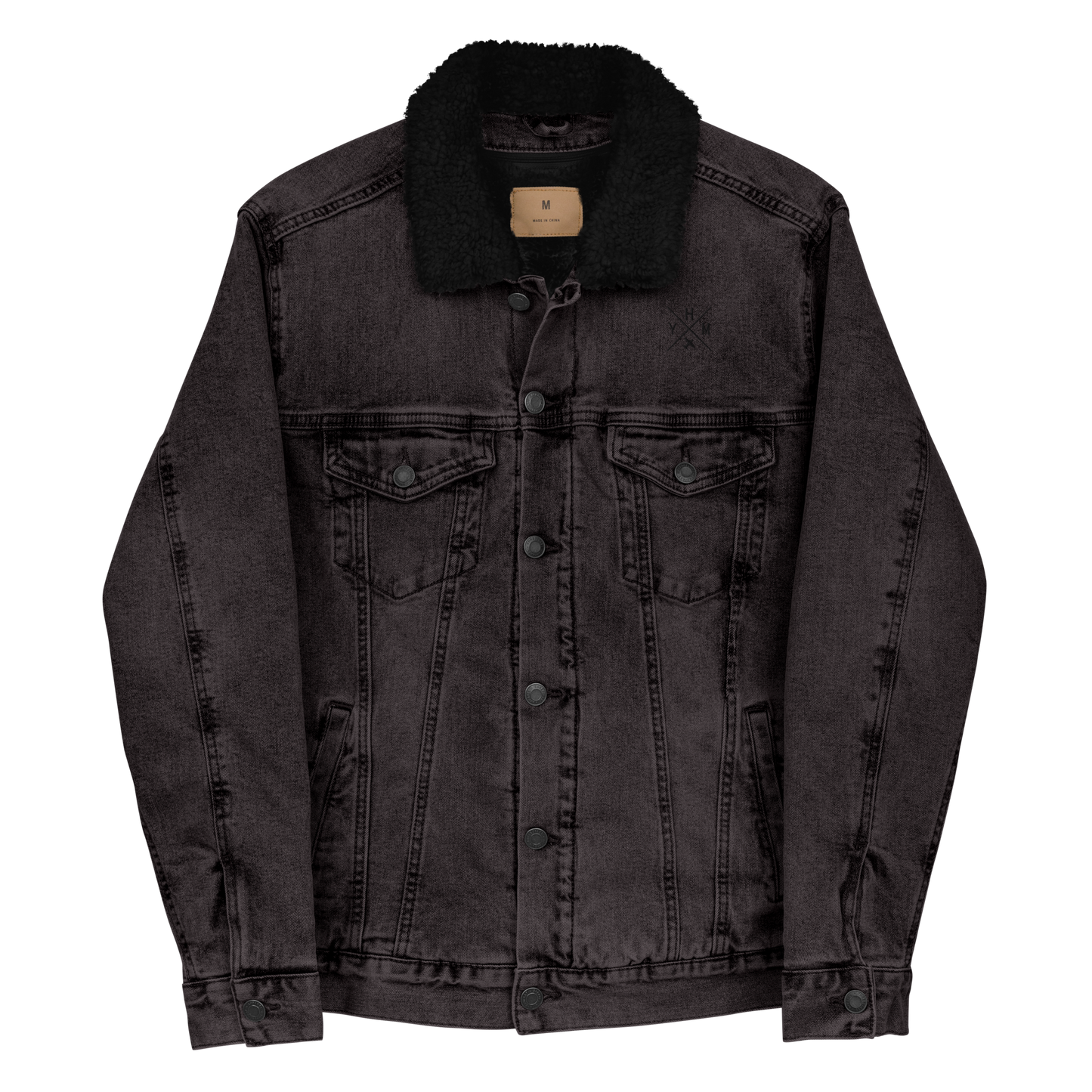 YHM Designs - YHM Hamilton Denim Sherpa Jacket - Crossed-X Design with Airport Code and Vintage Propliner - Black & White Embroidery - Image 06