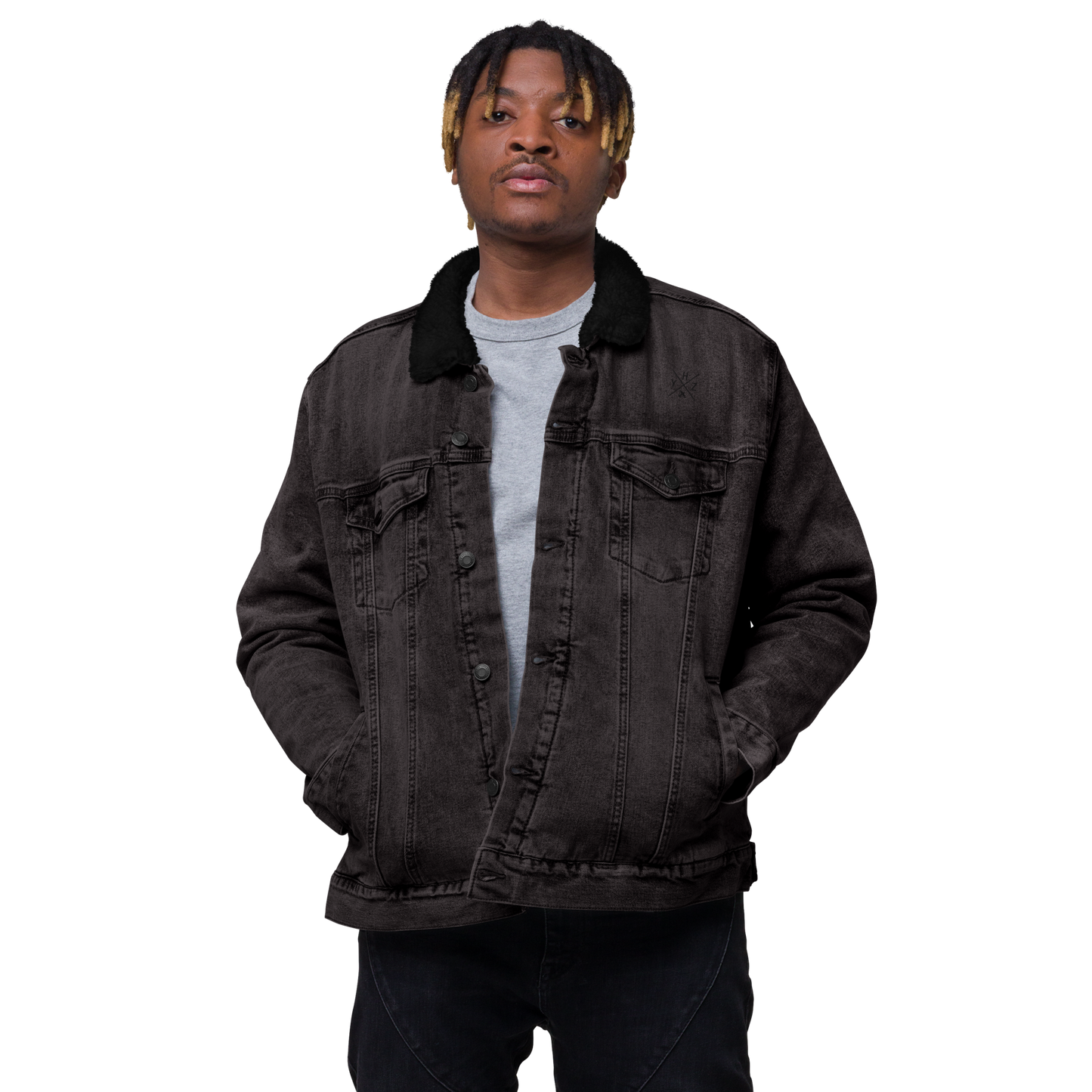 YHM Designs - YHZ Halifax Denim Sherpa Jacket - Crossed-X Design with Airport Code and Vintage Propliner - Black & White Embroidery - Image 01