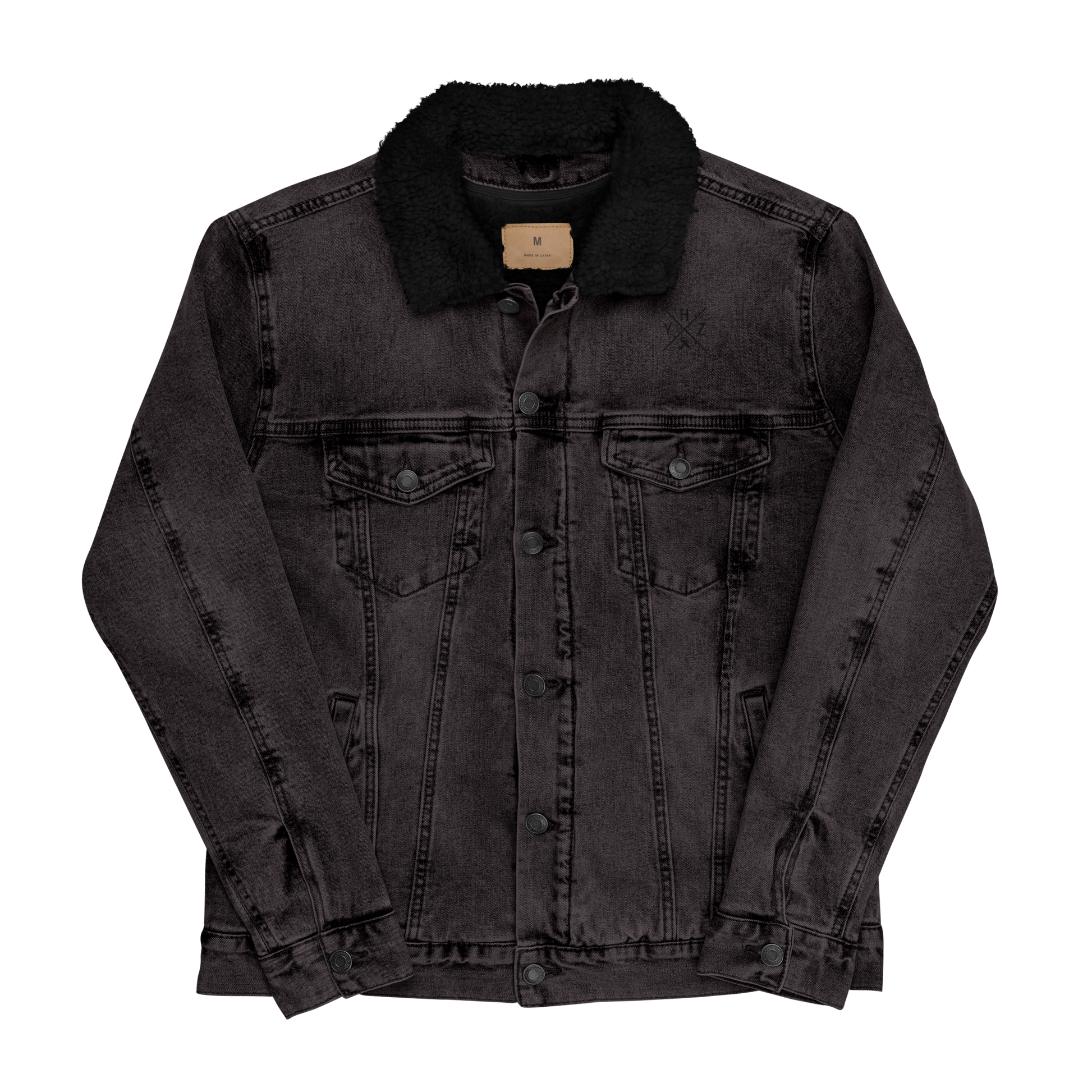 YHM Designs - YHZ Halifax Denim Sherpa Jacket - Crossed-X Design with Airport Code and Vintage Propliner - Black & White Embroidery - Image 02