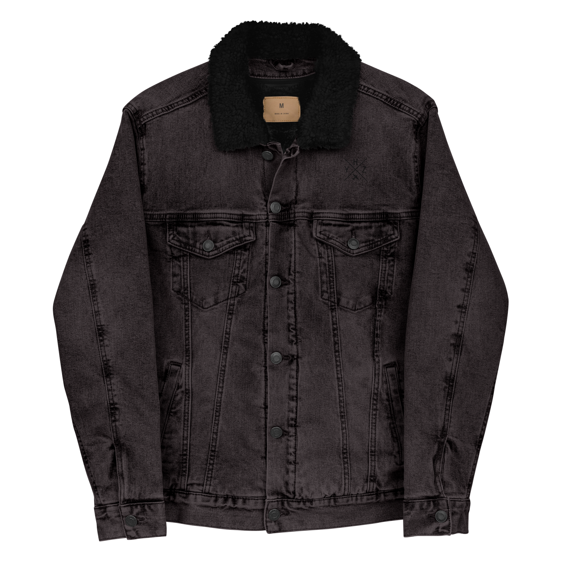 YHM Designs - YHZ Halifax Denim Sherpa Jacket - Crossed-X Design with Airport Code and Vintage Propliner - Black & White Embroidery - Image 06