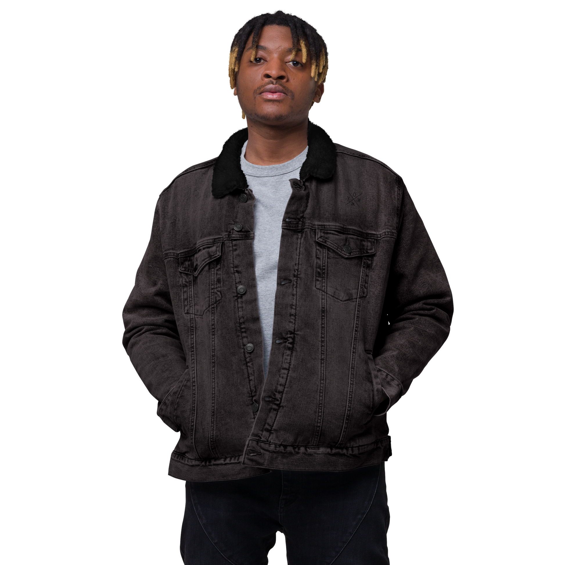 YHM Designs - YOW Ottawa Denim Sherpa Jacket - Crossed-X Design with Airport Code and Vintage Propliner - Black & White Embroidery - Image 01