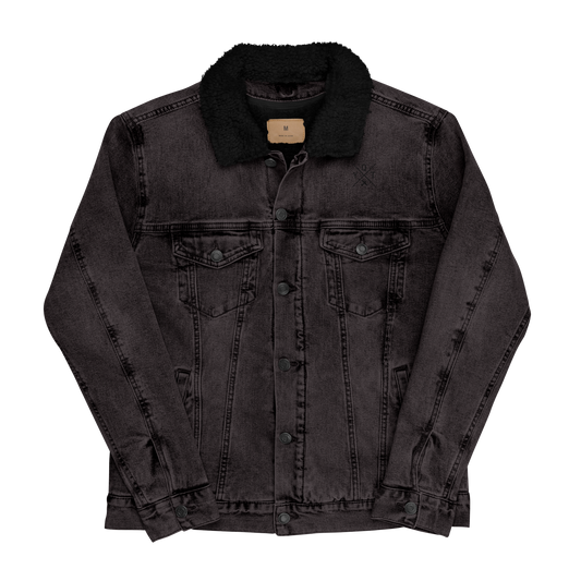 YHM Designs - YQT Thunder Bay Denim Sherpa Jacket - Crossed-X Design with Airport Code and Vintage Propliner - Black & White Embroidery - Image 02