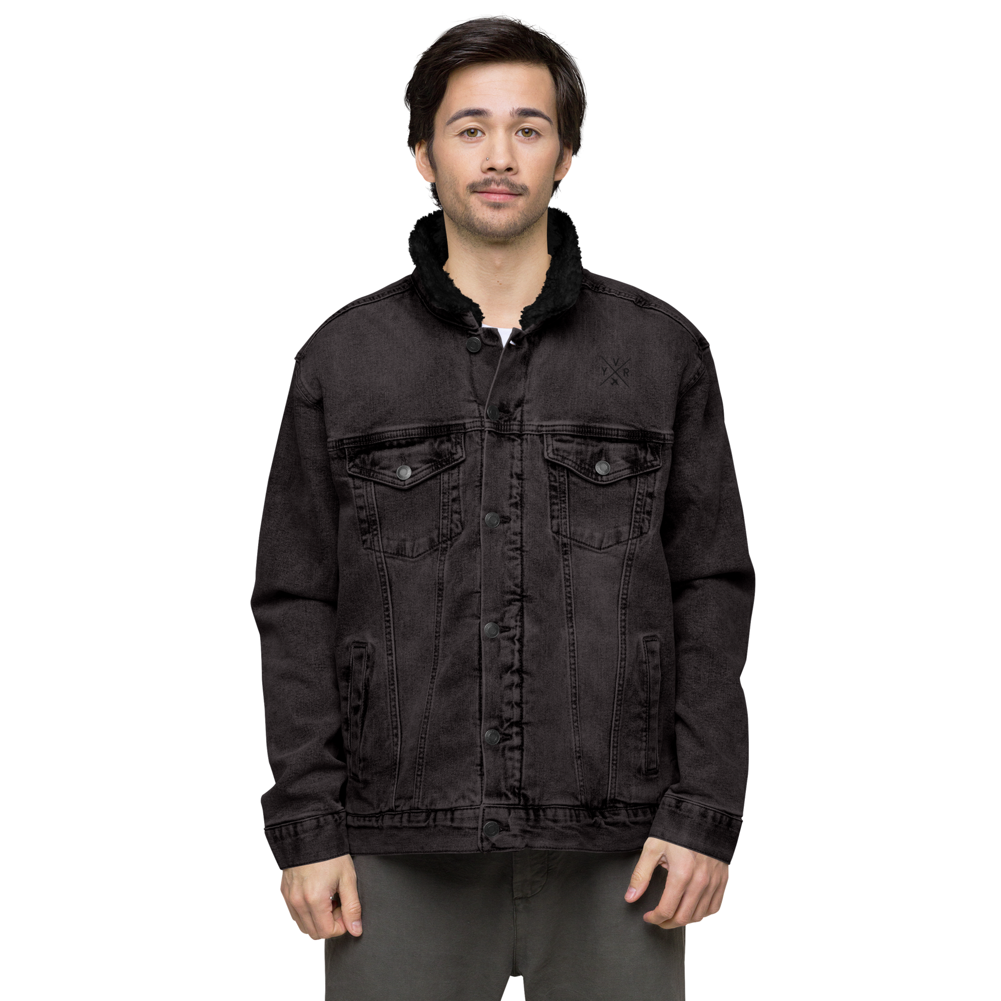 YHM Designs - YVR Vancouver Denim Sherpa Jacket - Crossed-X Design with Airport Code and Vintage Propliner - Black & White Embroidery - Image 04