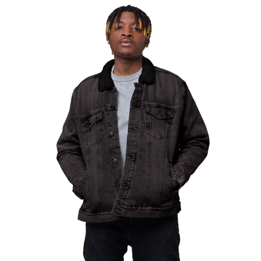 YHM Designs - YZF Yellowknife Denim Sherpa Jacket - Crossed-X Design with Airport Code and Vintage Propliner - Black & White Embroidery - Image 01