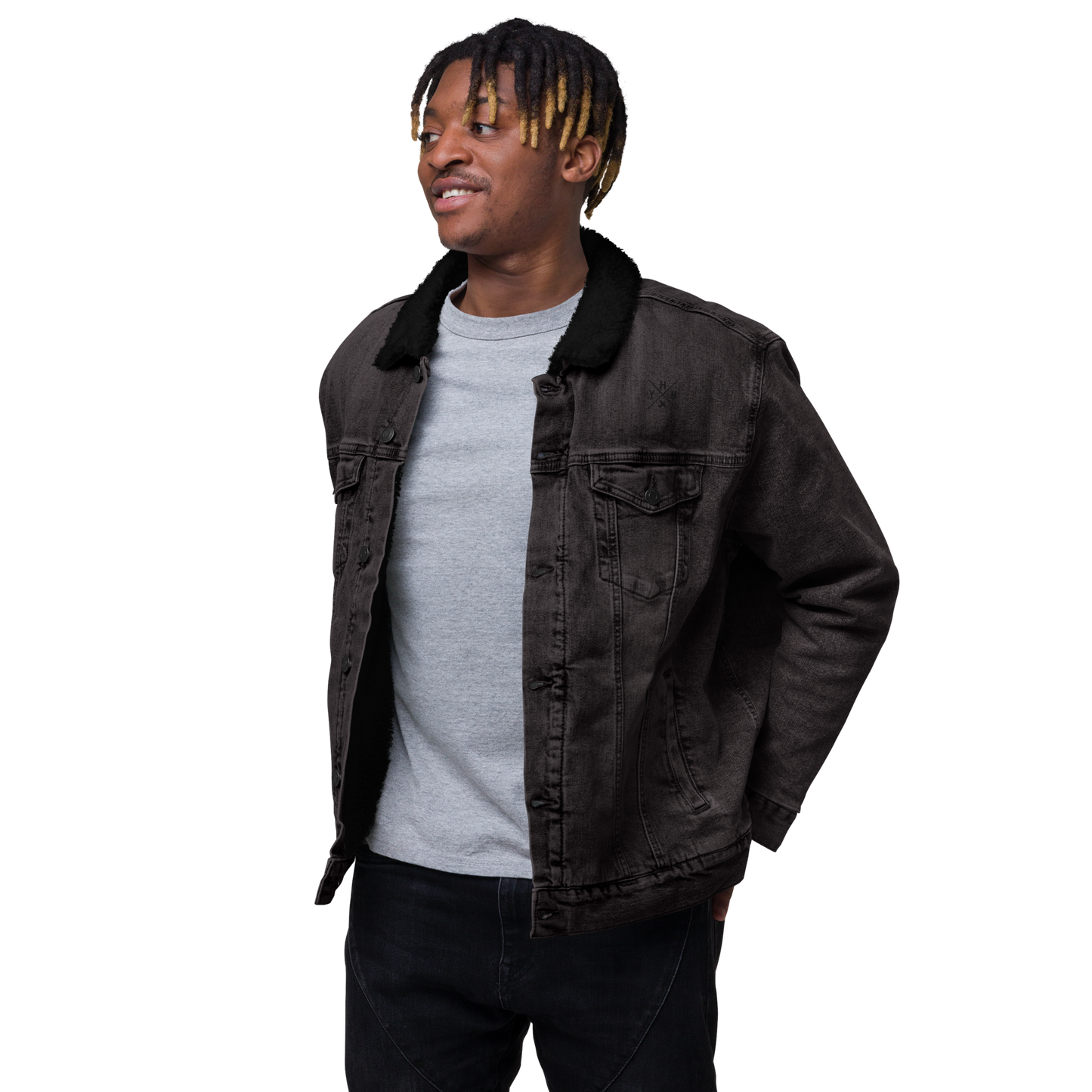 YHM Designs - YHM Hamilton Denim Sherpa Jacket - Crossed-X Design with Airport Code and Vintage Propliner - Black & White Embroidery - Image 08
