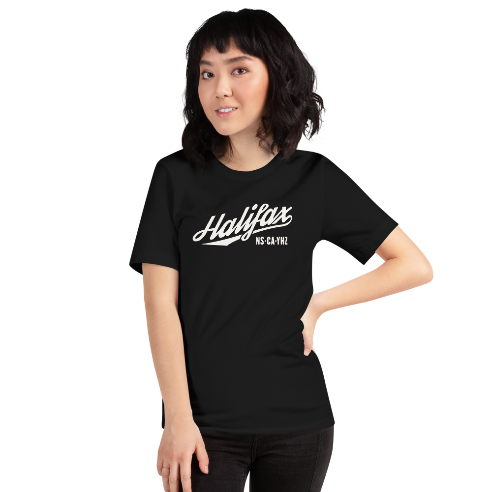 YHM Designs - YHZ Halifax City and Airport Code Adult Unisex T-Shirt - Vintage Script Design - Image 04