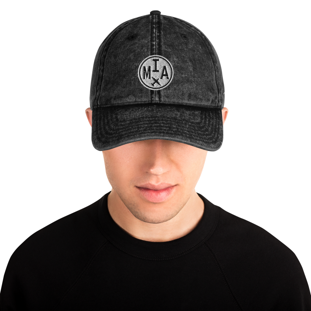 YHM Designs - MIA Miami Airport Code Vintage Roundel Vintage Washed Baseball Cap - Travel Gifts for Men and Women - Black 03