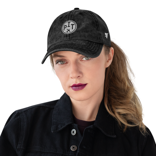 YHM Designs - PIT Pittsburgh Airport Code Vintage Roundel Vintage Washed Baseball Cap - Travel Gifts for Men and Women - Black 02