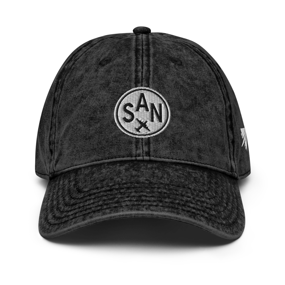 YHM Designs - SAN San Diego Airport Code Vintage Roundel Vintage Washed Baseball Cap - Travel Gifts for Men and Women - Black 05