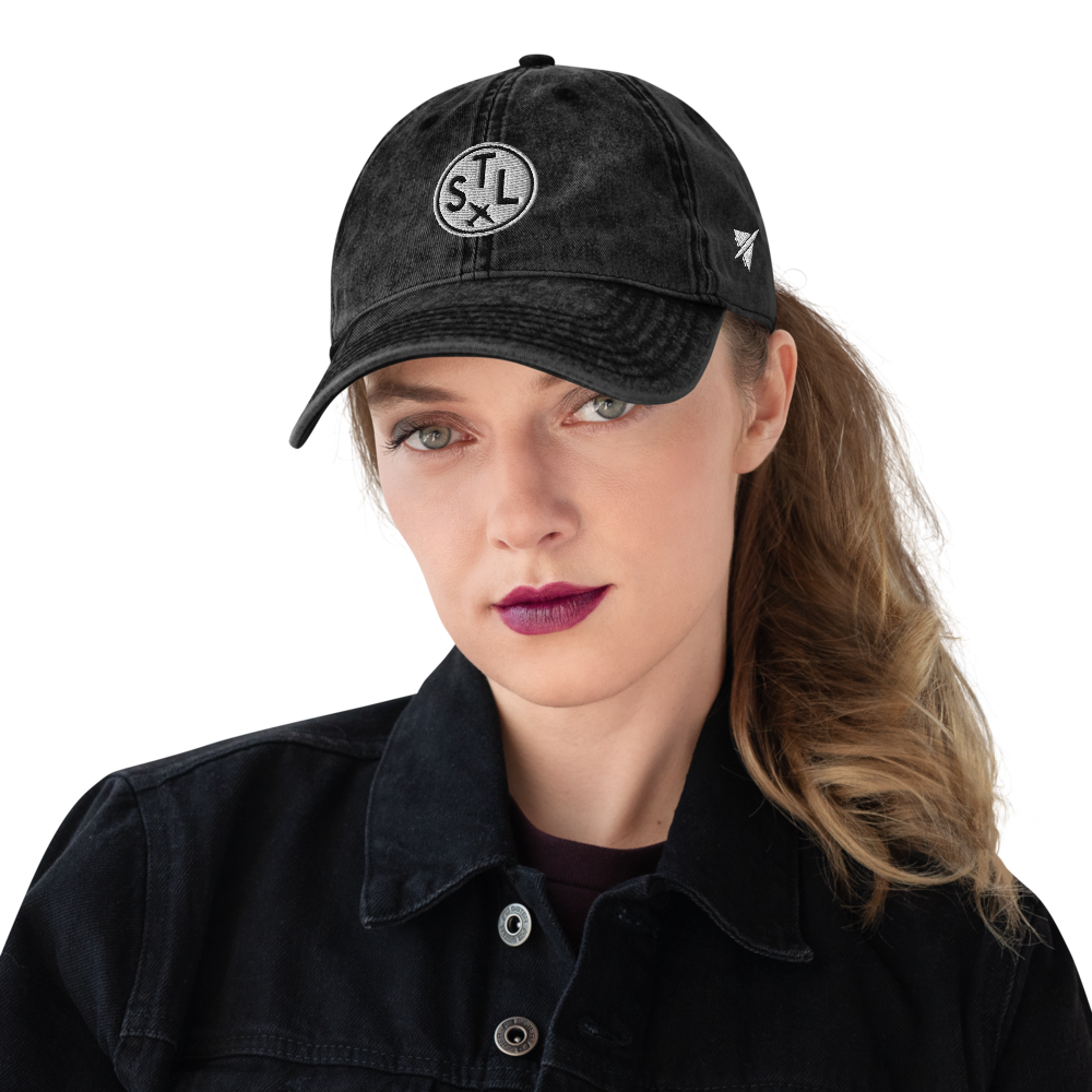 YHM Designs - STL St. Louis Airport Code Vintage Roundel Vintage Washed Baseball Cap - Travel Gifts for Men and Women - Black 02