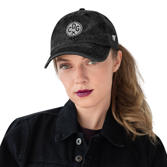 YHM Designs - CDG Paris Vintage Washed Cotton Twill Cap with Airport Code and Roundel Design - Black Lifestyle 01