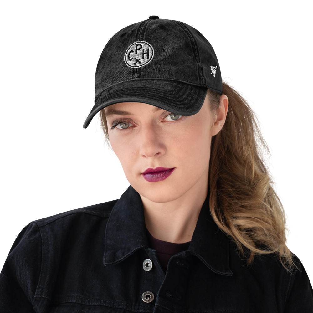 YHM Designs - CPH Copenhagen Vintage Washed Cotton Twill Cap with Airport Code and Roundel Design - Black Lifestyle 01