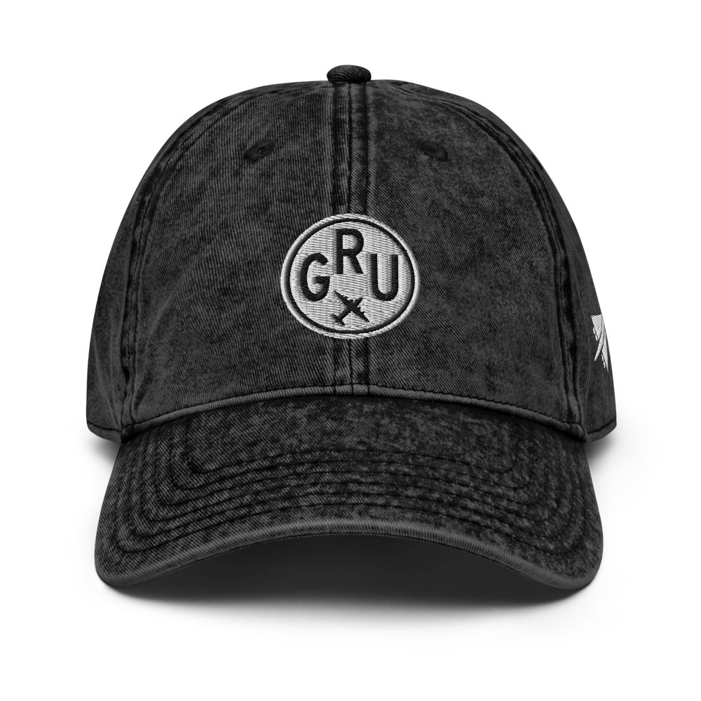YHM Designs - GRU Sao Paulo Vintage Washed Cotton Twill Cap with Airport Code and Roundel Design - Black 02
