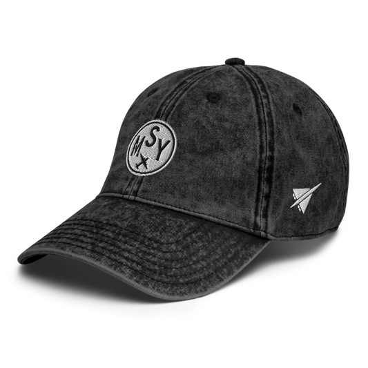 YHM Designs - MSY New Orleans Airport Code Vintage Roundel Vintage Washed Baseball Cap - Travel Gifts for Men and Women - Black 01
