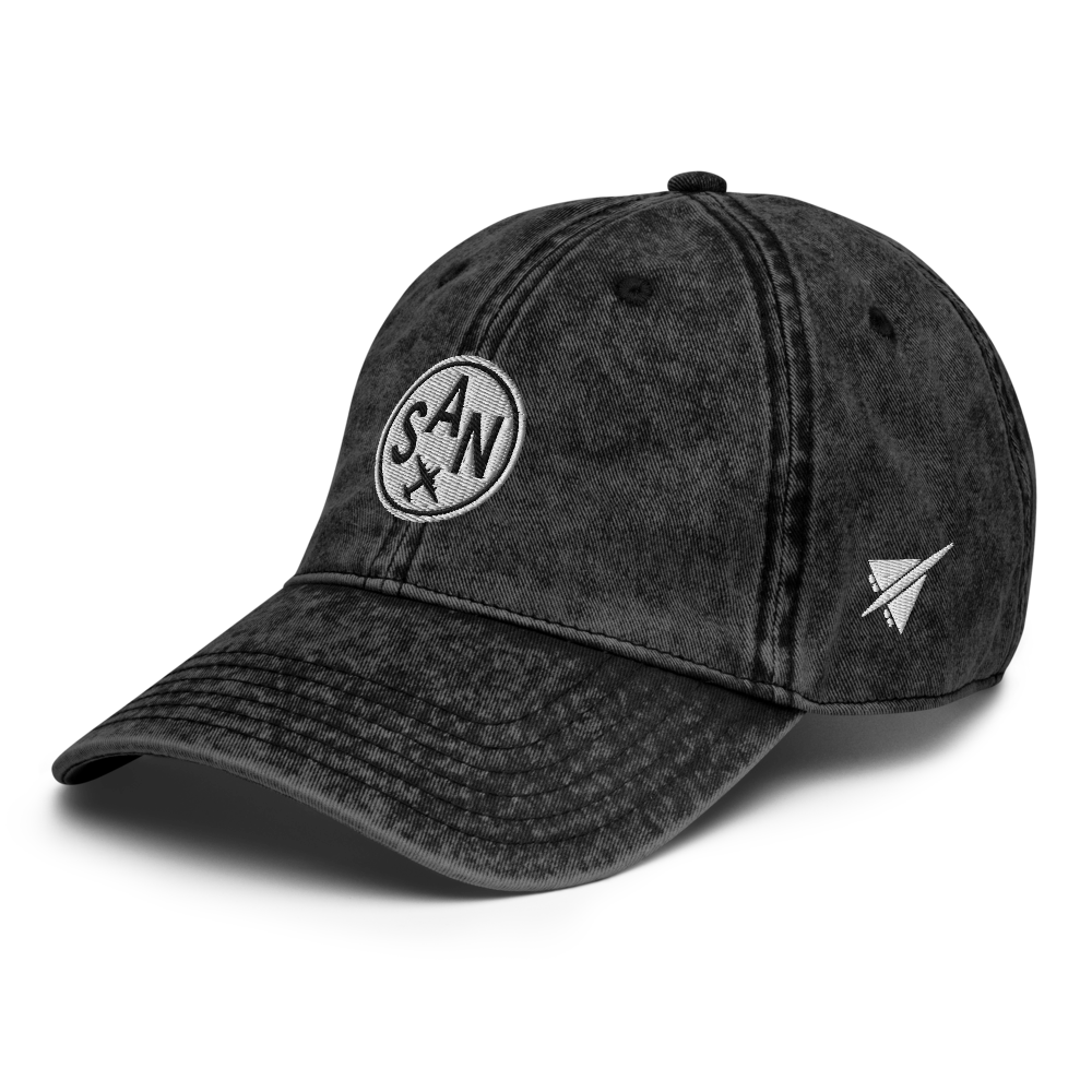 YHM Designs - SAN San Diego Airport Code Vintage Roundel Vintage Washed Baseball Cap - Travel Gifts for Men and Women - Black 01
