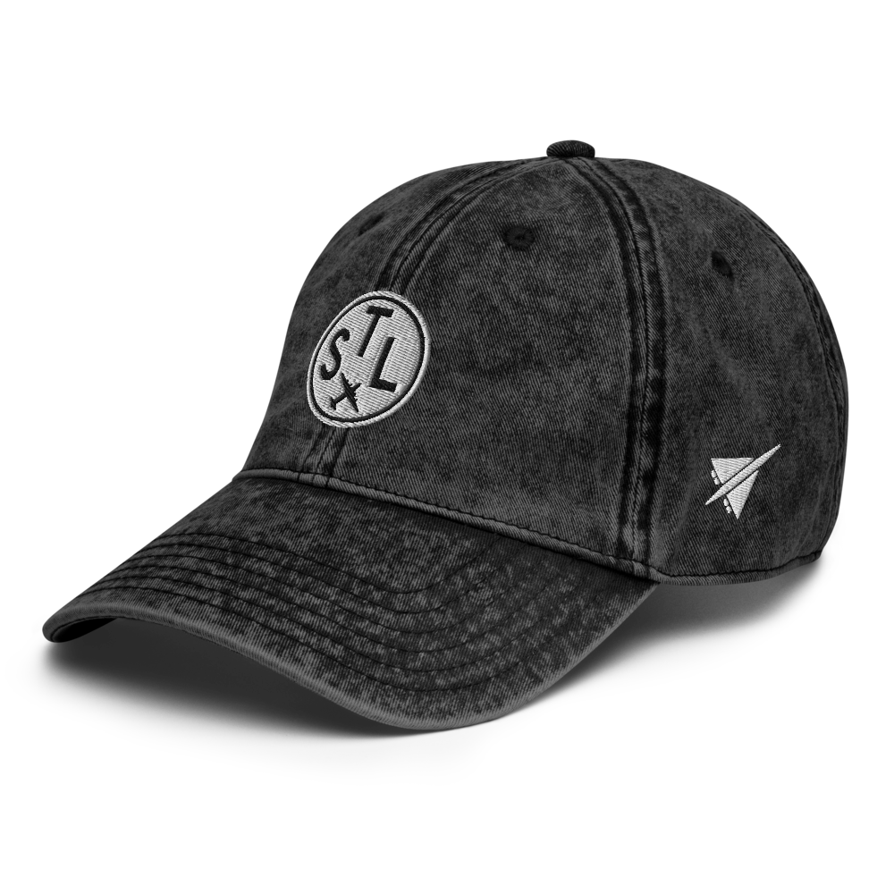 YHM Designs - STL St. Louis Airport Code Vintage Roundel Vintage Washed Baseball Cap - Travel Gifts for Men and Women - Black 01