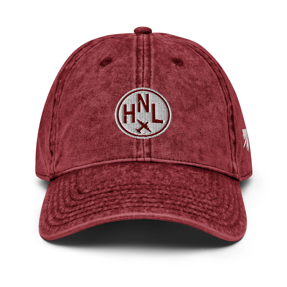 YHM Designs - HNL Honolulu Airport Code Vintage Roundel Vintage Washed Baseball Cap - Travel Gifts for Men and Women - Maroon 01