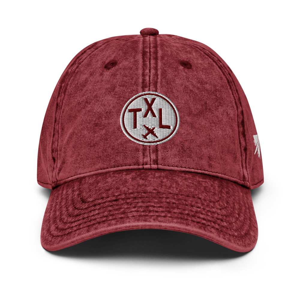 YHM Designs - TXL Berlin Vintage Washed Cotton Twill Cap with Airport Code and Roundel Design - Maroon 01