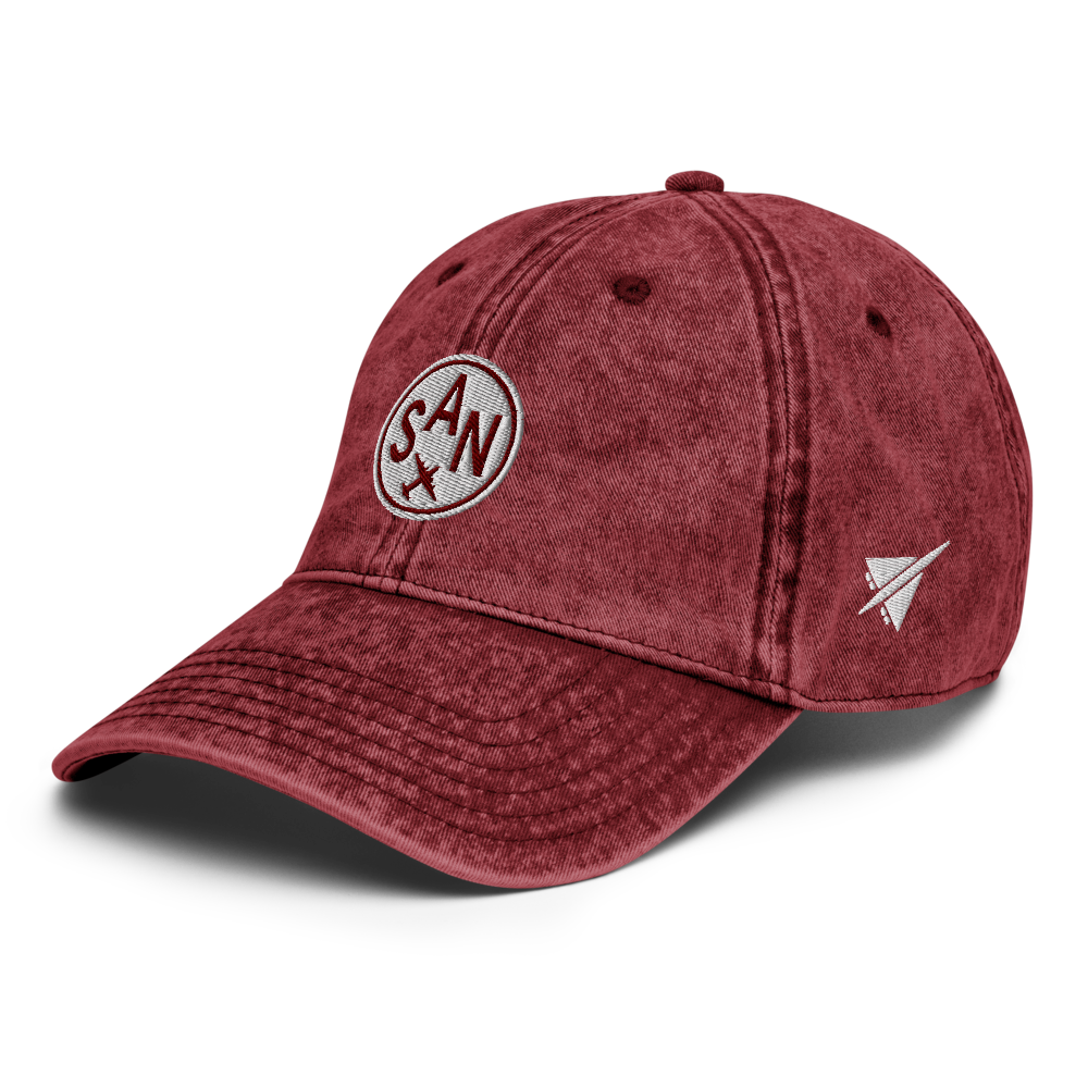 YHM Designs - SAN San Diego Airport Code Vintage Roundel Vintage Washed Baseball Cap - Travel Gifts for Men and Women - Maroon 02