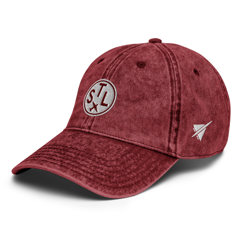 YHM Designs - STL St. Louis Airport Code Vintage Roundel Vintage Washed Baseball Cap - Travel Gifts for Men and Women - Maroon 02