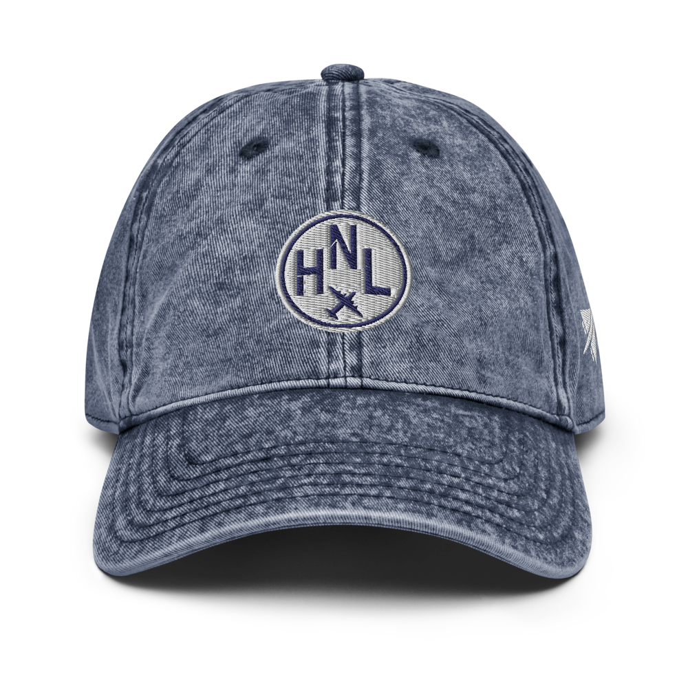 YHM Designs - HNL Honolulu Airport Code Vintage Roundel Vintage Washed Baseball Cap - Travel Gifts for Men and Women - Navy Blue 01