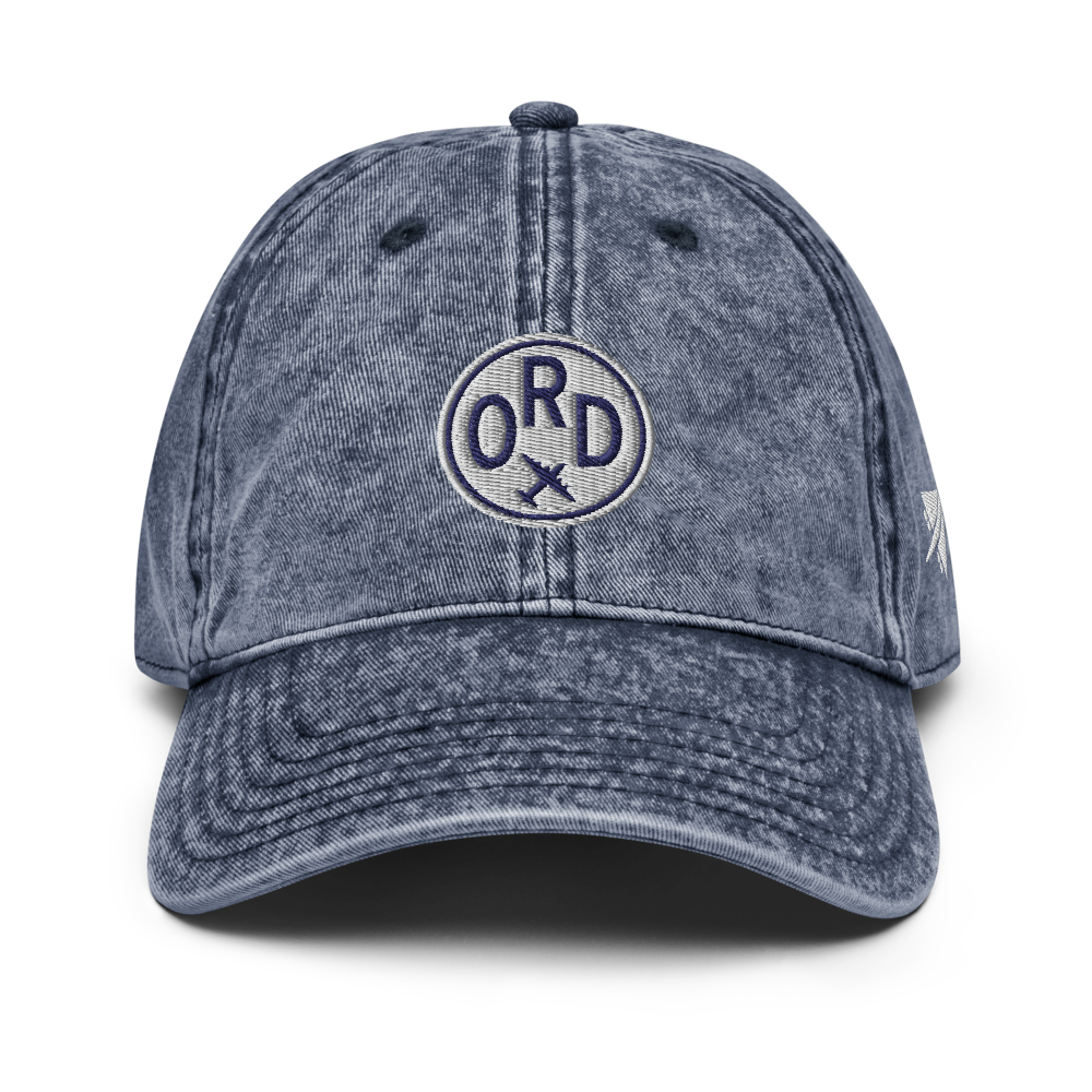 YHM Designs - ORD Chicago Airport Code Vintage Roundel Vintage Washed Baseball Cap - Travel Gifts for Men and Women - Navy Blue 01