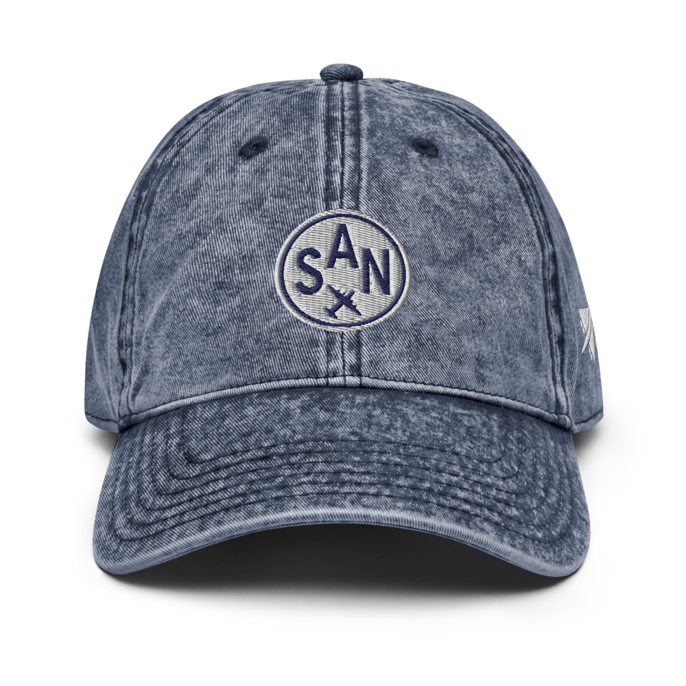 YHM Designs - SAN San Diego Airport Code Vintage Roundel Vintage Washed Baseball Cap - Travel Gifts for Men and Women - Navy Blue 01