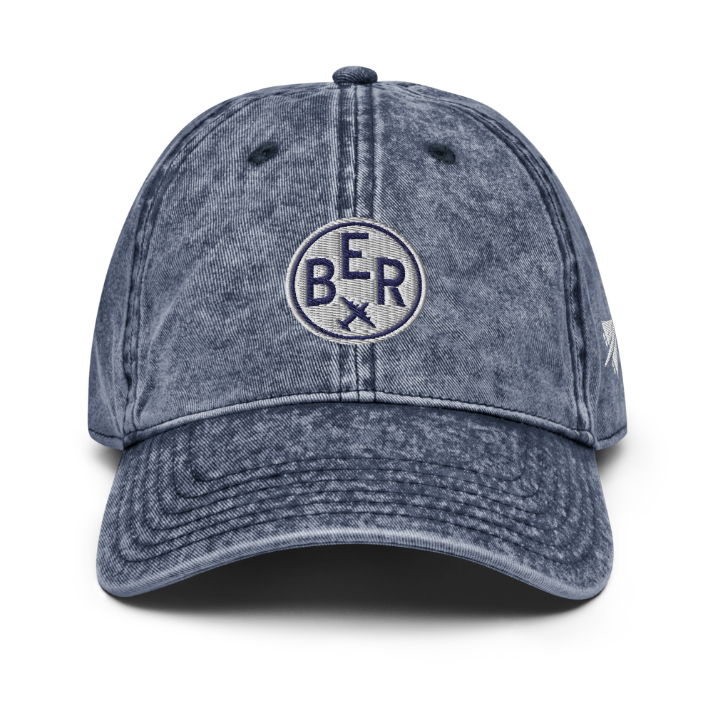 YHM Designs - BER Berlin Vintage Washed Cotton Twill Cap with Airport Code and Roundel Design - Navy Blue 01