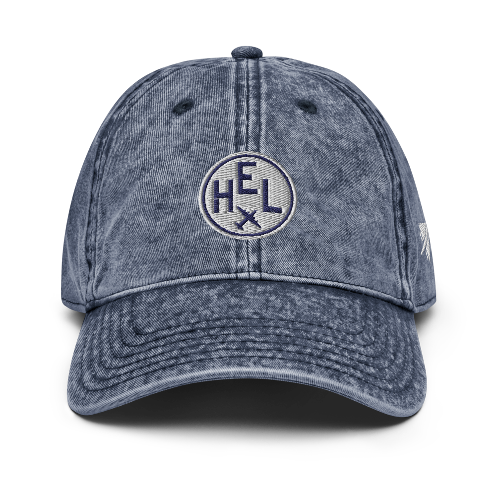 YHM Designs - HEL Helsinki Vintage Washed Cotton Twill Cap with Airport Code and Roundel Design - Navy Blue 01