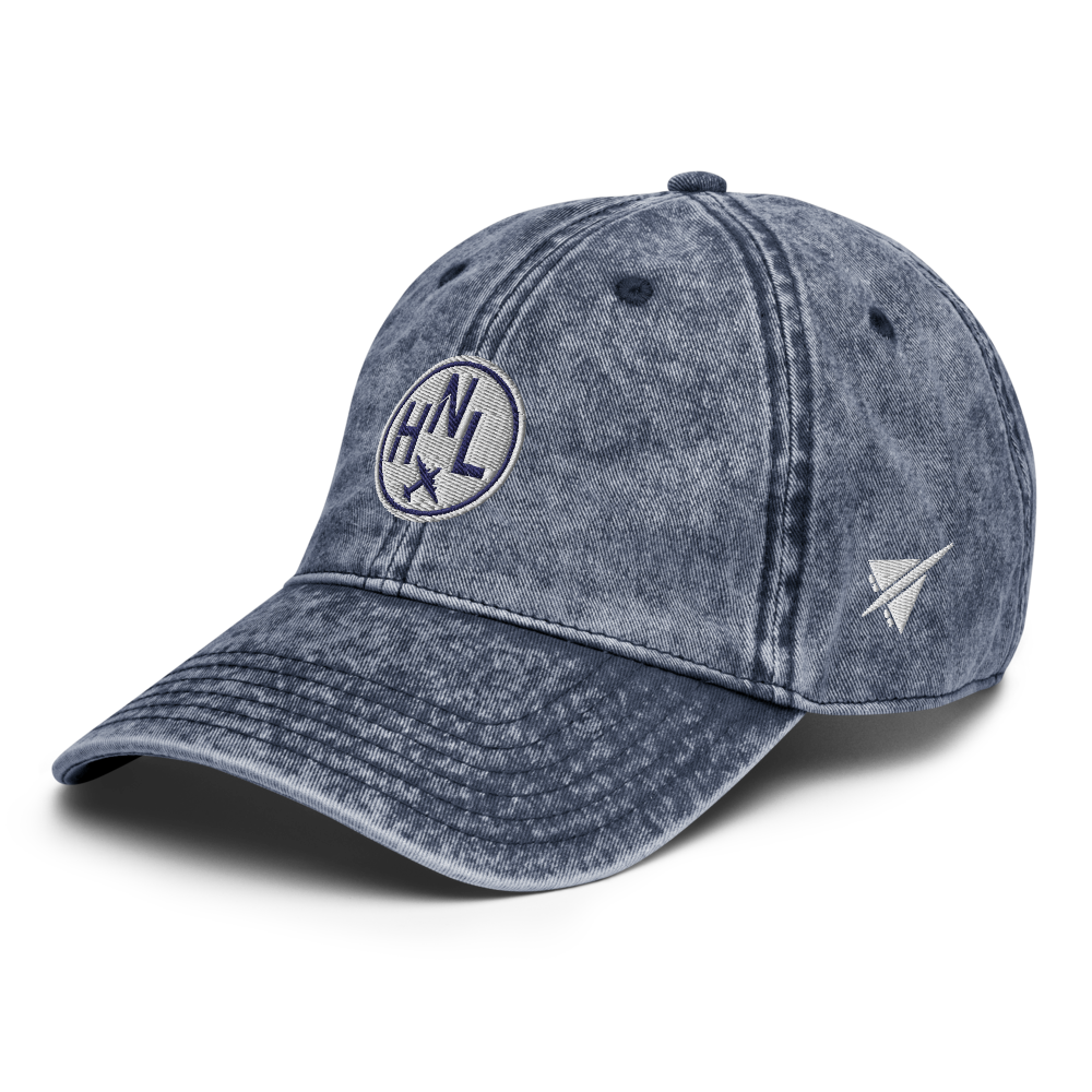 YHM Designs - HNL Honolulu Airport Code Vintage Roundel Vintage Washed Baseball Cap - Travel Gifts for Men and Women - Navy Blue 02