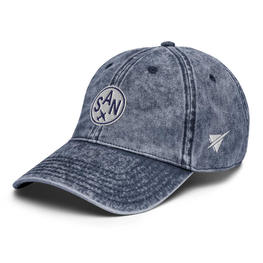 YHM Designs - SAN San Diego Airport Code Vintage Roundel Vintage Washed Baseball Cap - Travel Gifts for Men and Women - Navy Blue 02